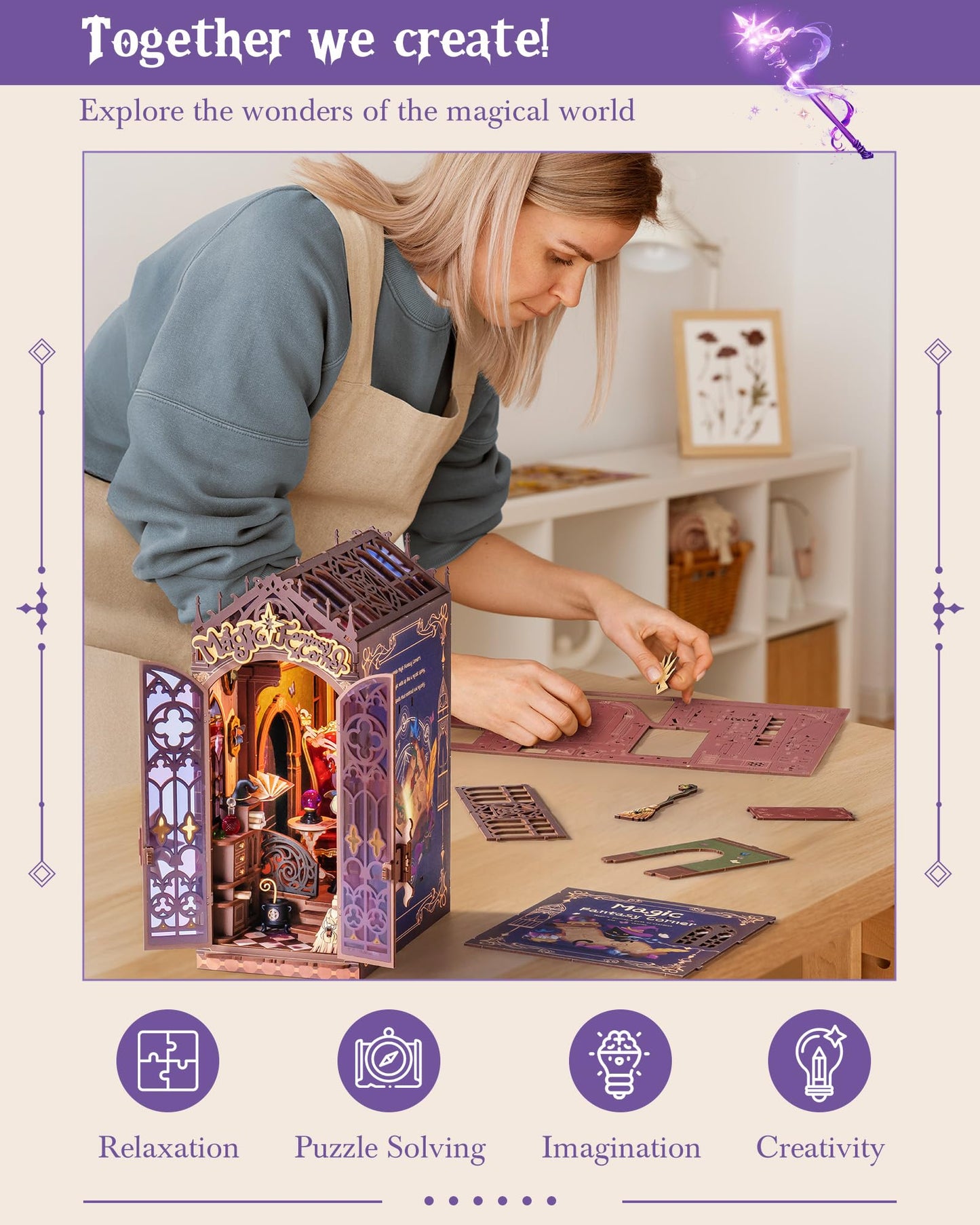 ROBOTIME Book Nook Kit, DIY Miniature House Kit, 3D Wooden Puzzle Bookends, Witch Study Room Bookshelf Decor, Creative Unique Gifts for Adults (Magic Fantasy Corner)