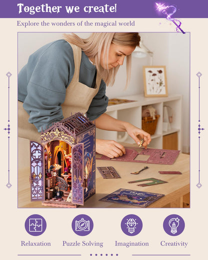 ROBOTIME Book Nook Kit, DIY Miniature House Kit, 3D Wooden Puzzle Bookends, Witch Study Room Bookshelf Decor, Creative Unique Gifts for Adults (Magic Fantasy Corner)
