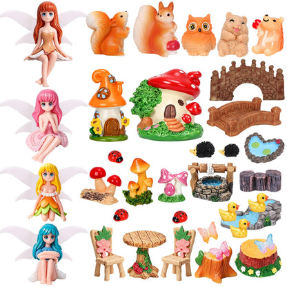 QAUYETM 40Pcs Fairy Garden Accessories Miniature Garden Ornaments Kit with Mini Animal Plant Fairies Furniture House Figures Bulk for Micro Landscape DIY Terrarium Potted Plants Dollhouse Decor