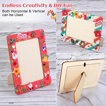 Fovths 12 Packs Christmas Picture Frame Painting Craft Kit Frozen Wooden DIY Photo Frame for 4 x 6 inch Photo with 100 Stickers Rhinestone Stickers 4 Brushes Set for DIY Paint and Decorate
