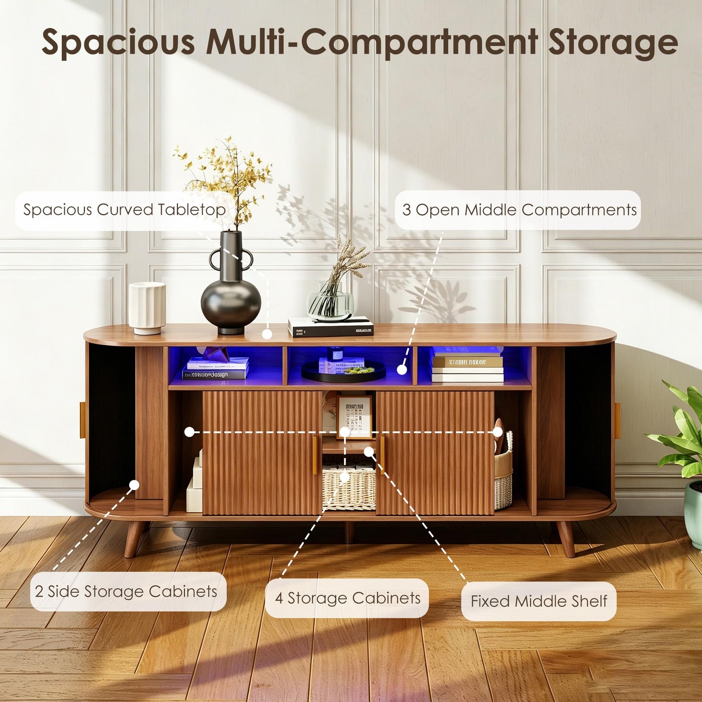 PLRSOZIM 70" Tambour TV Stand with LED Lights, Mid-Century Modern Fluted Sliding Tambour Doors, Fits up to 75" TVs, Media Console with Storage Cabinets, Entertainment Center for Living Room & Bedroom