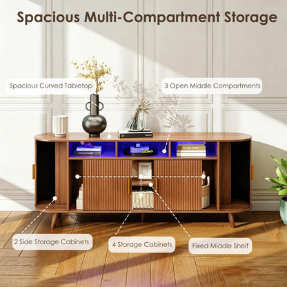 PLRSOZIM 70" Tambour TV Stand with LED Lights, Mid-Century Modern Fluted Sliding Tambour Doors, Fits up to 75" TVs, Media Console with Storage Cabinets, Entertainment Center for Living Room & Bedroom