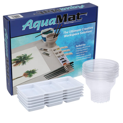 Creative Mark AquaMat Non-Slip Silicone Paint Mat - 23-3/8" x 21-3/8" - 5 Paint Cup Liners & 5 Palette Inserts for Artists, Painters & Crafters, Waterproof Surface Protection Rolls Up for Storage