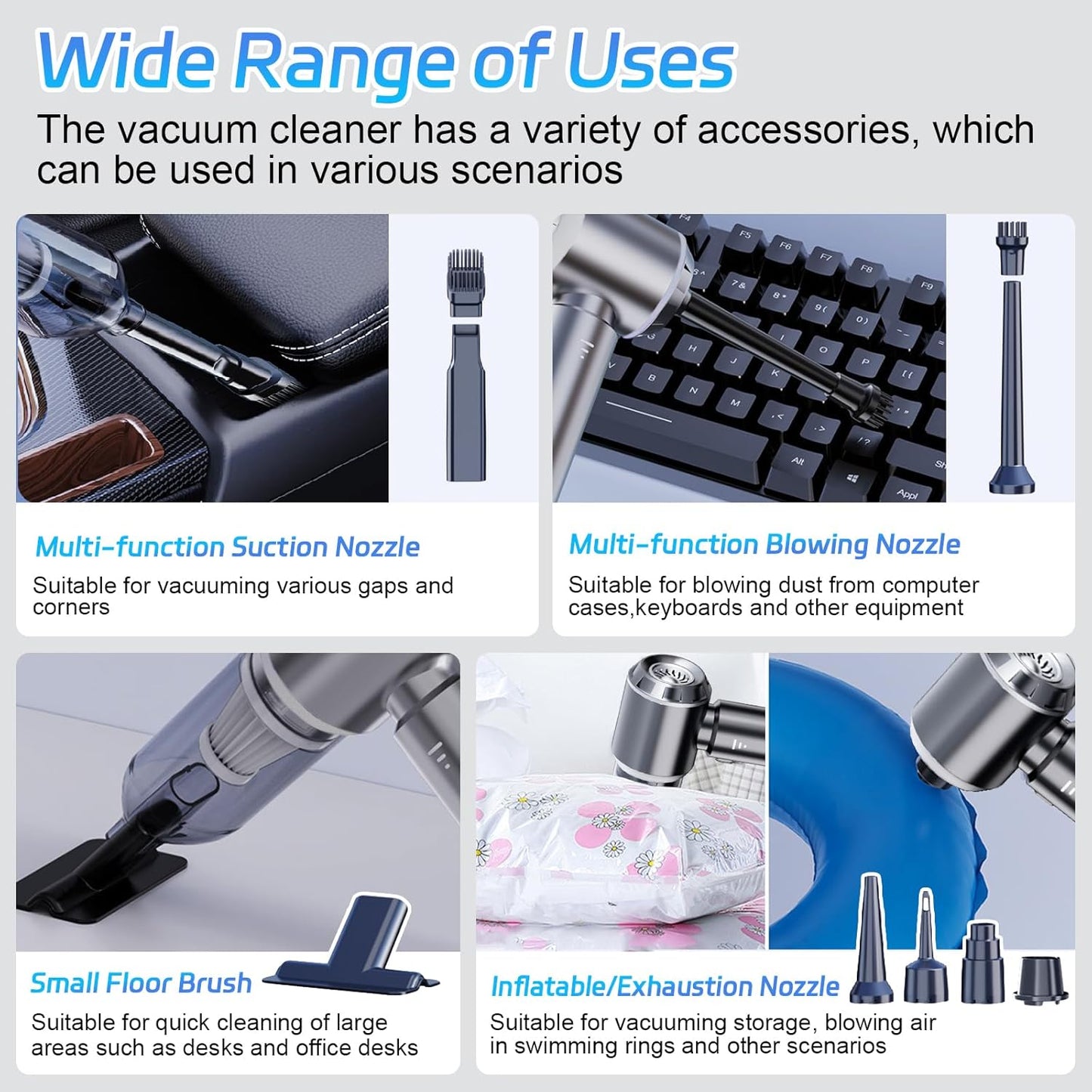 Portable Cordless Handheld Car Vacuum, 15000PA, 3 Speed Adjustable 4 in 1 with Brushless Motor and Multiple Nozzles