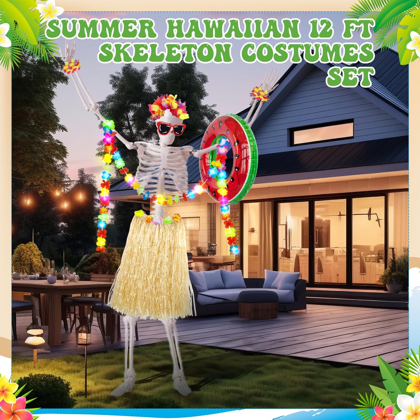 Jiytivity 8 Pcs 12 Ft Skeleton Summer Costume Set Hawaiian Skeleton Clothes Accessories Include Inflatable Watermelon Swimming Ring Hawaiian Leis Skirt Bracelet Glasses for Luau Garden Lawn Decor