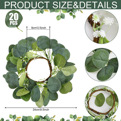 Tobilu 20 PCS Candle Rings - Artificial Eucalyptus Leaves Candle Wreaths Greenery for Pillar Fireplace Wedding Table Centerpieces Farmhouse Home Kitchen Decor