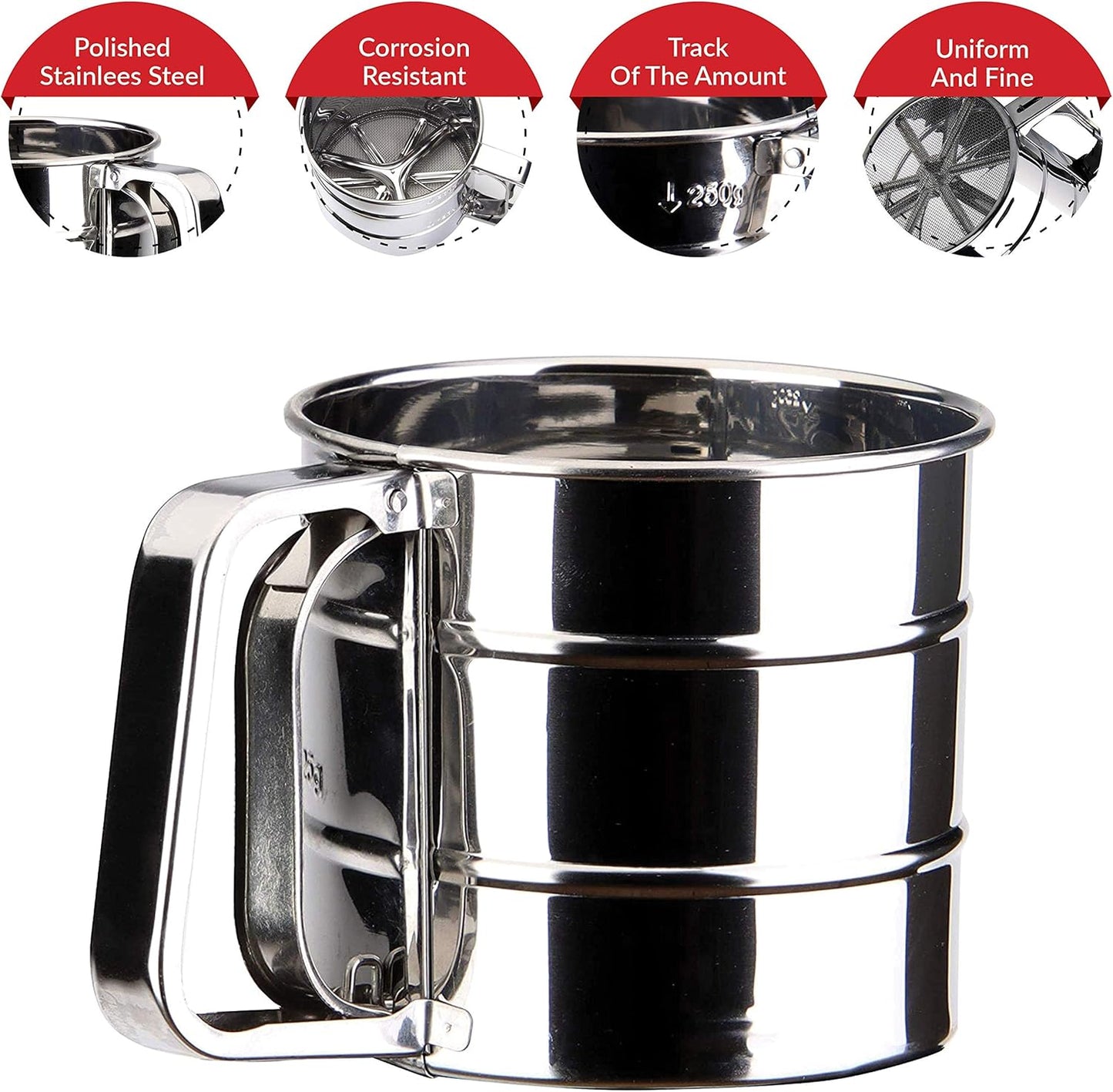 2.5 Cup Flour Sifter - Semi Automatic Small Baking Sieve, Stainless Steel, Fine Mesh Sieve Flour Duster