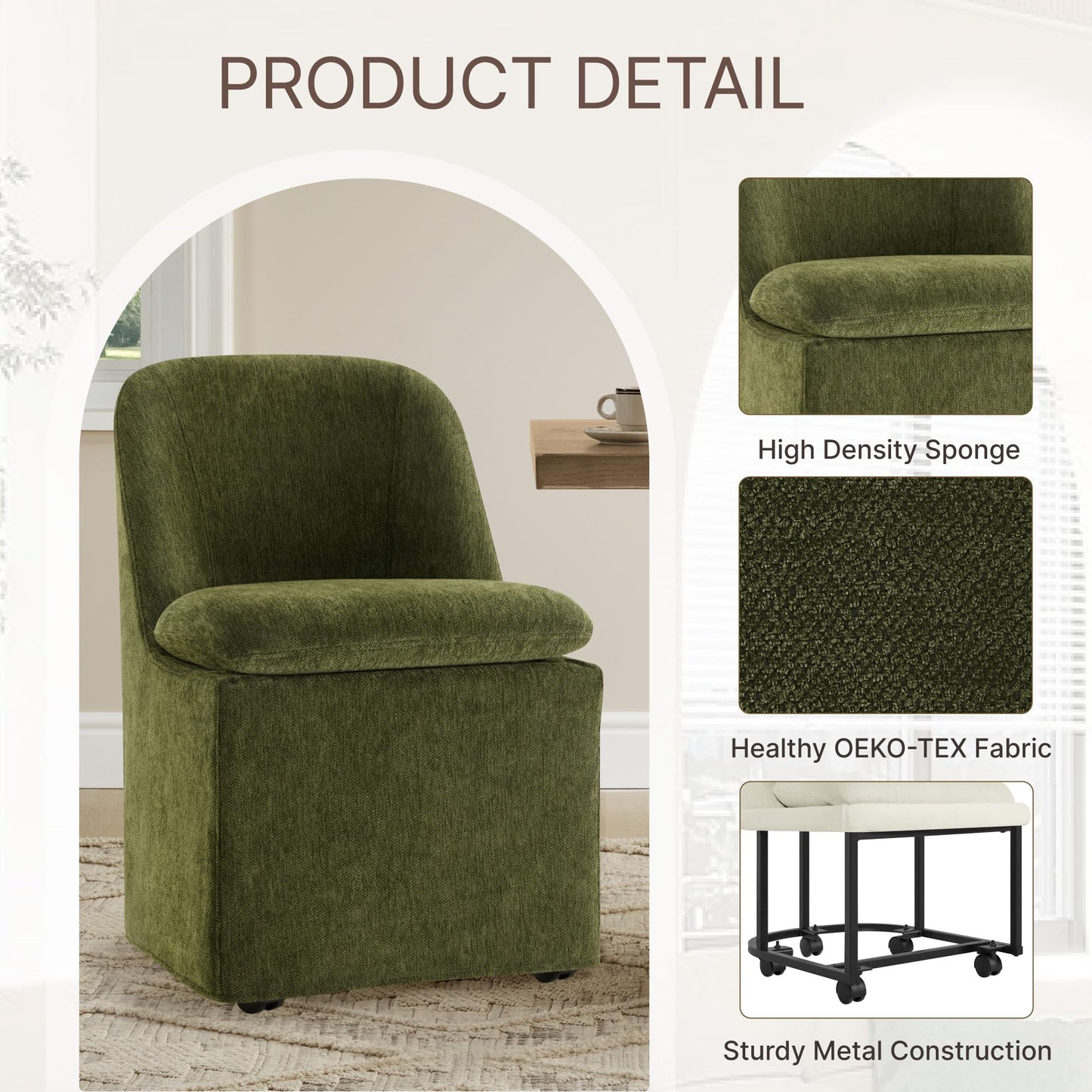 KISLOT Upholstered Dining Chairs with Casters, Washable Cover Modern Dining Room Chairs with Thick Cushion & Sturdy Metal Frame for Kitchen, Living Room, Dressing Room, Green Fabric, Set of 4