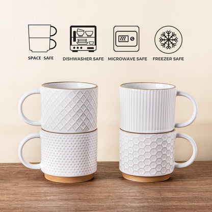 12OZ Set 4 GBhome Stackable Coffee Mugs with Stand, Ceramic Coffee Mugs with Texture Patterns for Man,Woman,Dad,Mom