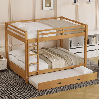 Bellemave Queen Over Queen Size Bunk Bed with Trundle for Kids/Adults,Solid Wood Bunk Bed Frame Queen Size with Ladder & Safety Guardrails,Wood Color
