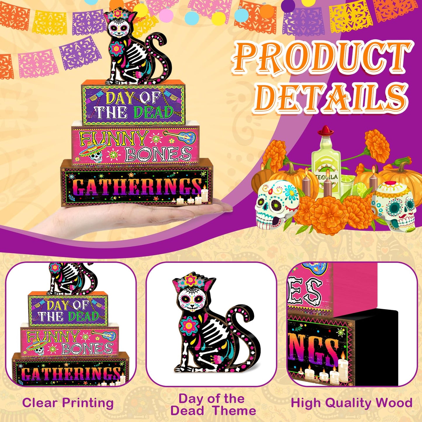 Britimes 4 Pcs Day of the Dead Table Decor Halloween Cat Tiered Tray Decorations Set Funny Bones Stack Block Signs Gift Rustic Farmhouse Tabletop Decor for Table & Home Office