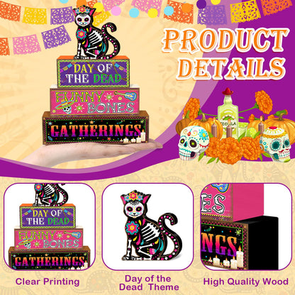 Britimes 4 Pcs Day of the Dead Table Decor Halloween Cat Tiered Tray Decorations Set Funny Bones Stack Block Signs Gift Rustic Farmhouse Tabletop Decor for Table & Home Office