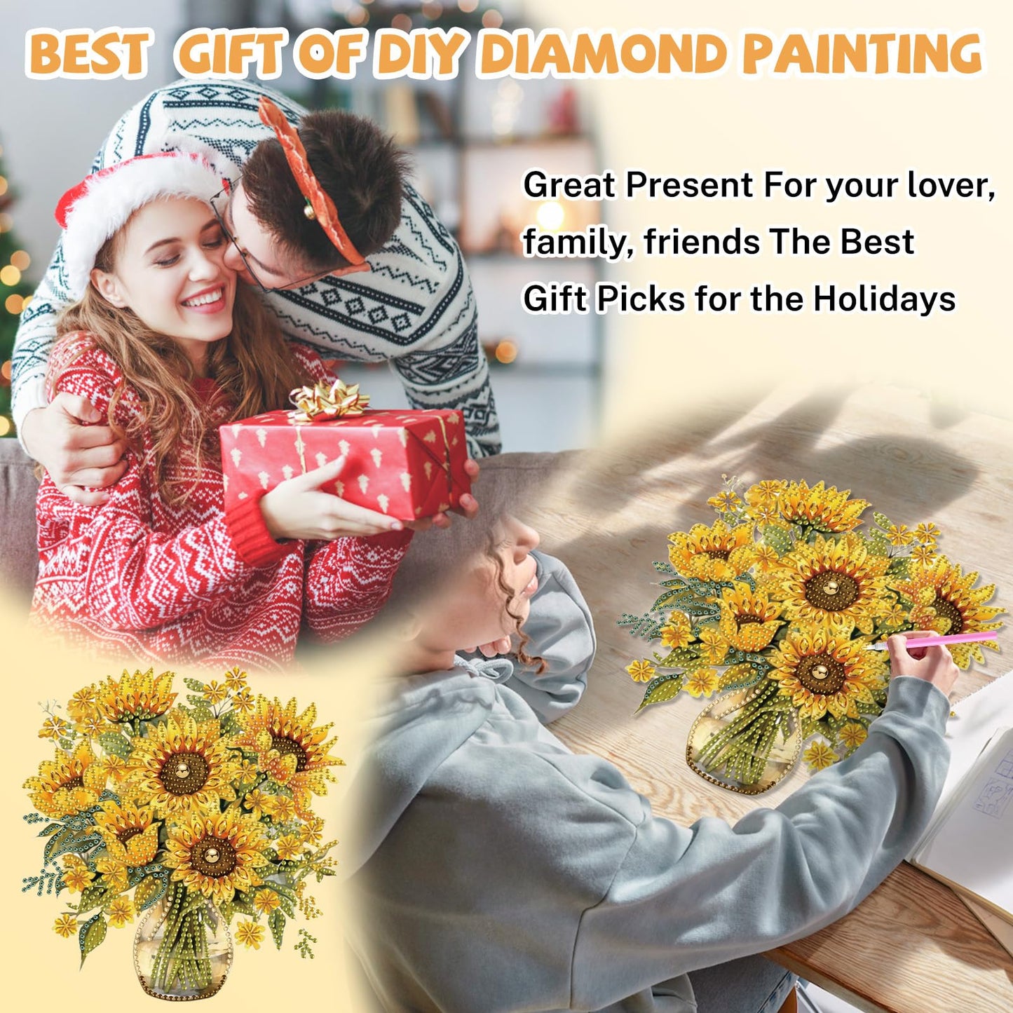 Bowetile Spring Diamond Art Hanging Kits for Adults, Diamond Art Suncatchers Sunflowers, 5D Special Shape Diamond Painting Pendant Window Ornament Gifts for Home Wall Garden Door Decor
