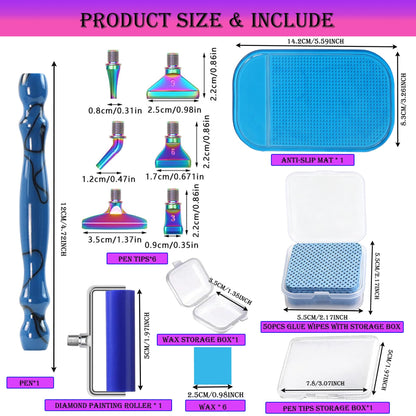 jecxucci Diamond Painting Art Drill Bead Dot Pen Kit with 6pcs Stainless Steel Tips, 6 Glue Clays, Diamond Art Roller and 50Pcs Cleaner Paper, 5D Diamond Painting Trays Sticky Pad (Blue + Colorful)