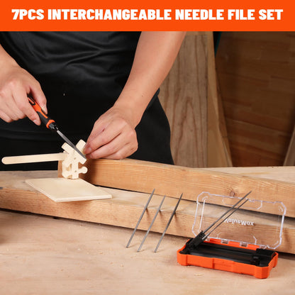 ValueMax 7PCS Interchangeable Needle File Set, Small File Set Includes Flat, Flat Warding, Round, Half-Round, Square, Triangular File and A Handle, Suitable for Shaping Metal, Wood, Jewelry, Plastic