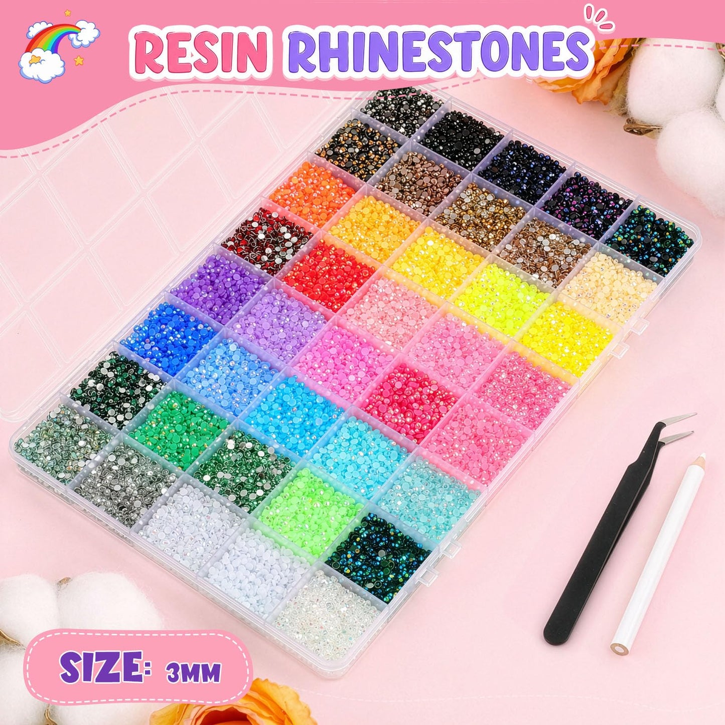 40000 Pcs Resin Jelly Rhinestones for Bedazzling Kit, 40 Colors 3mm Flatback Rhinestones with 3 Pcs B7000 Jewelry Glue & Tools, Bedazzler Kit for Clothes Book Shoes DIY Nails & Art Makeup