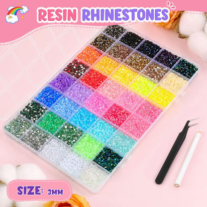 40000 Pcs Resin Jelly Rhinestones for Bedazzling Kit, 40 Colors 3mm Flatback Rhinestones with 3 Pcs B7000 Jewelry Glue & Tools, Bedazzler Kit for Clothes Book Shoes DIY Nails & Art Makeup
