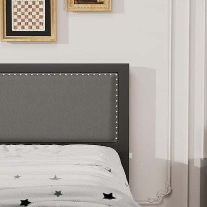 VECELO Twin Size Bed Frame with Upholstered Headboard, Heavy-Duty Platform with Strong Steel Slats, No Box Spring Needed, Easy Assembly, Black&Grey