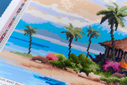 DIAMOND ART CLUB Beach Bungalow Diamond Painting Kit, Fun DIY Crafts for Adults, Square Diamond Art Canvas, 13.3" x 9.8" (33.9 cm x 24.9 cm)