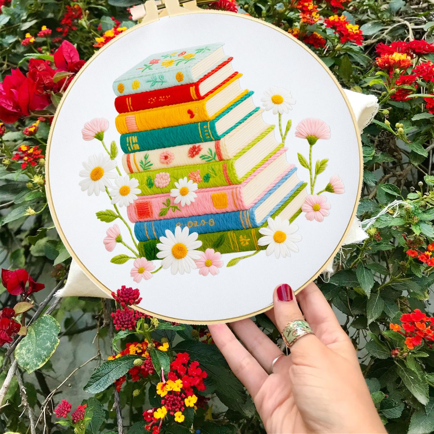 INFUNLY 6 PCS Book and Flower Embroidery Kits for Beginners DIY Cross Stitch Starter Sets for Adults with Instructions Book Cacti Pattern Birds Needlepoint Kits with Embroidery Cloth Hoops Tools