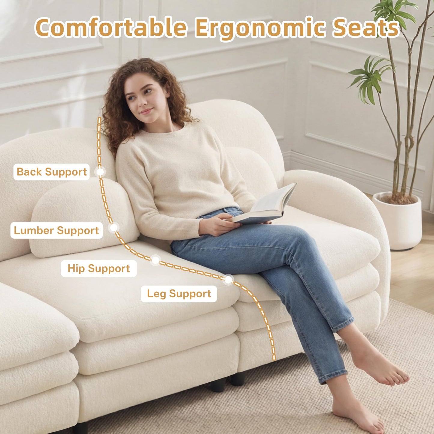 KEIKI 68.5" Chaise Lounges Indoor Modular Loveseat with 2 Ottomans Teddy Fleece, Soft Perfect for Compact Living Room Furniture Space with Space Saving Design and Convertible Modular Use, Beige