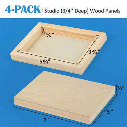 Falling in Art Unfinished Birch Wood Canvas Panels Kit, 4 Pack of 5x7’’ Studio 3/4’’ Deep Cradle Boards for Pouring Art, Crafts, Painting and More