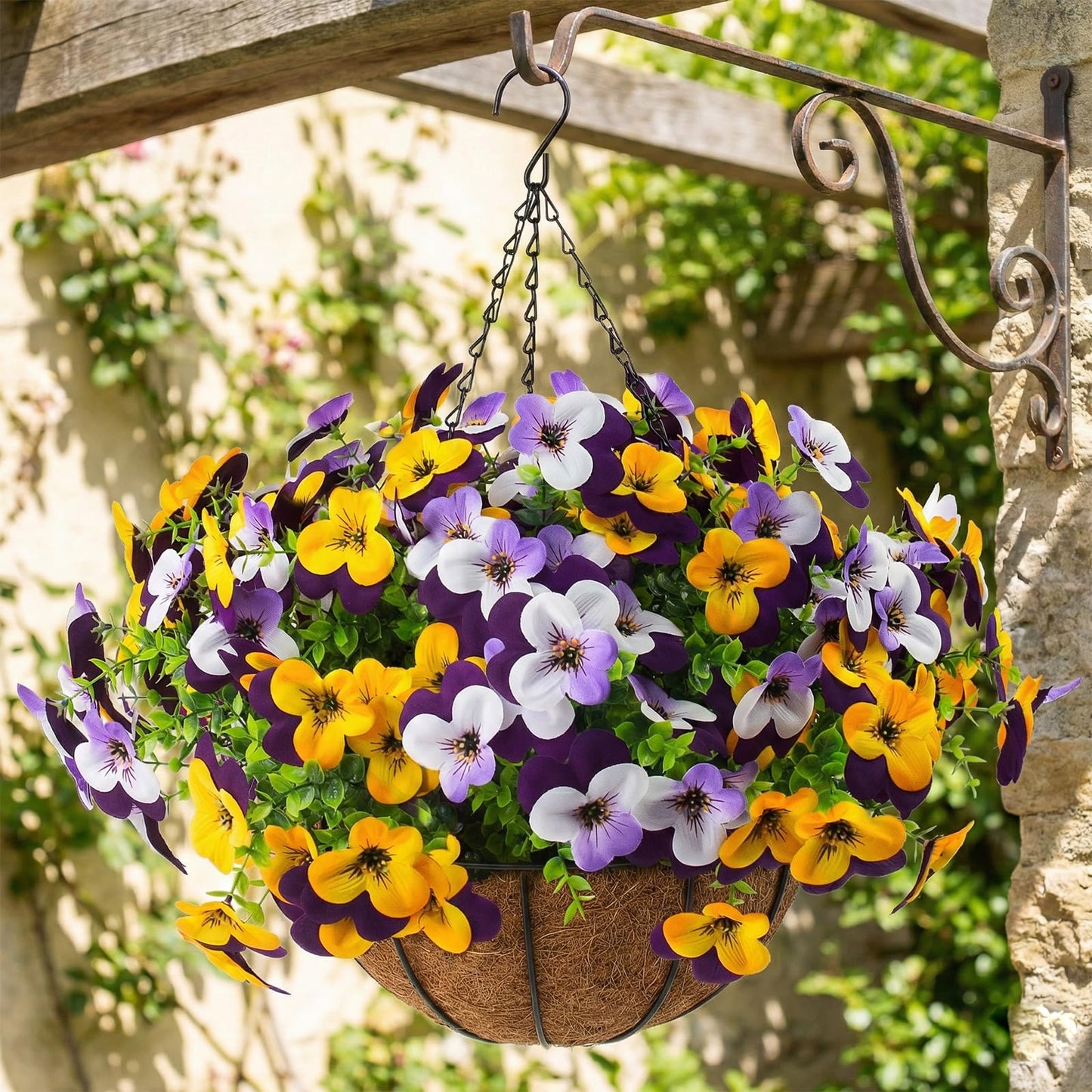 2 Set Artificial Outdoor Pansy Flowers with Hanging Baskets, 2 Hanging Baskets with 24 Pcs Silk Flowers for Spring Easter Decorations Porch Patio Home Decor (2, Purple, Yellow, White, Light Purple)