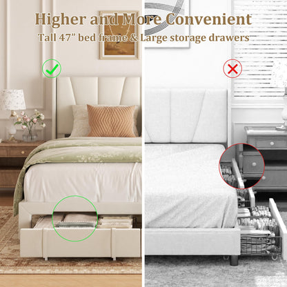 viplov King Bed Frame with Storage Drawers, Velvet Upholstered Platform Bed with 47" Tall Headboard and Wingboard, No Box Spring Needed, No Noise, Easy Assembly, Wooden Support Slats, Beige