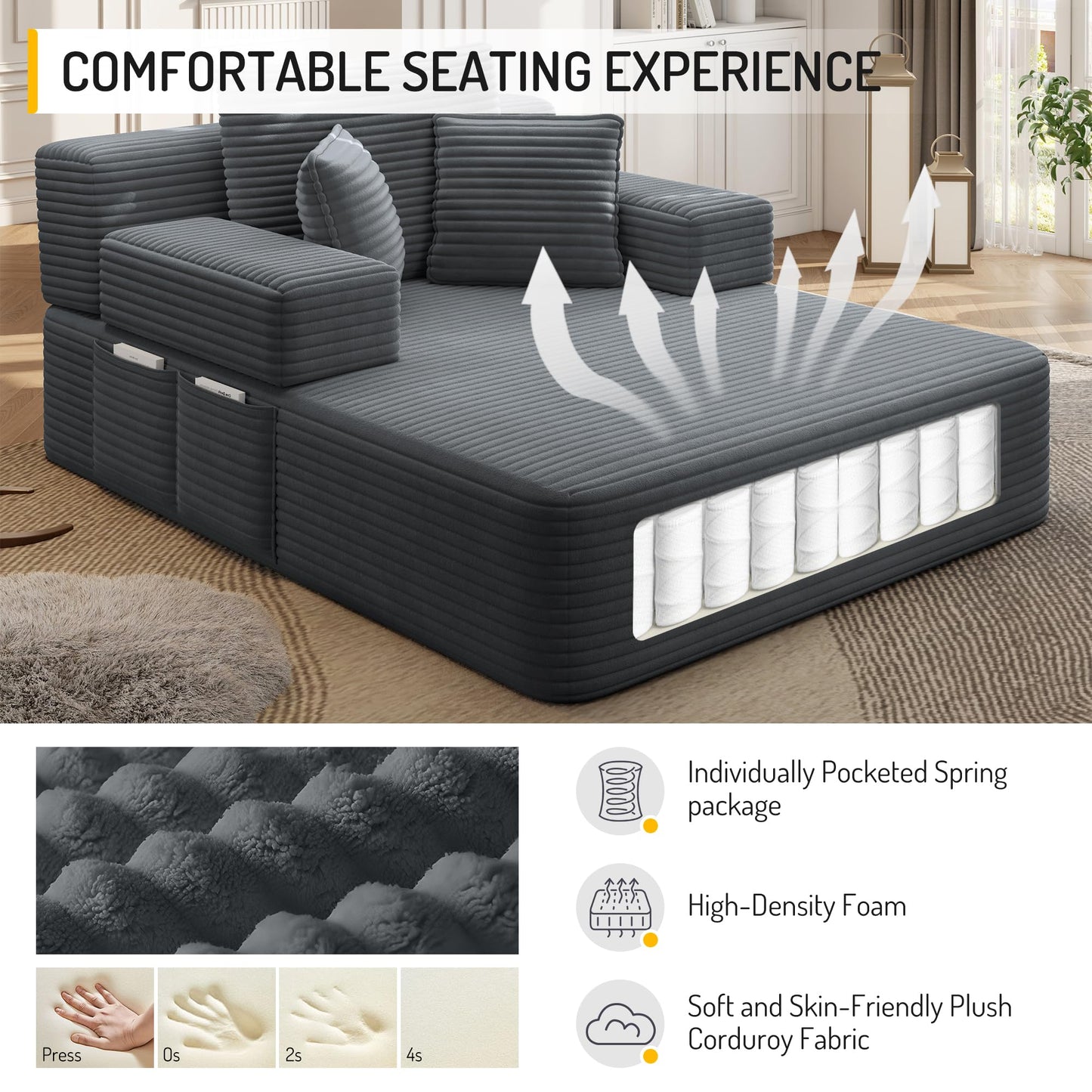 48.5" Boneless Chaise Lounge Chair Sofa Bed Indoor with Zip-Down Convertible Armrests & Backrest, Oversized Cloud Upholstered Compression Sleeper Couch Reading Chairs w/Side Pockets
