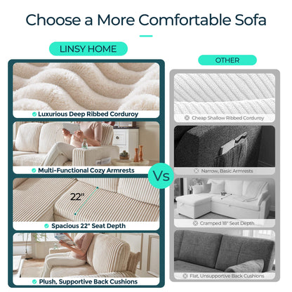 LINSY HOME Sectional Sleeper Sofa with Pull Out Couch Bed - Convertible Plush Corduroy Cloud Couch with Storage Chaise & USB Charging, Comfy L Shaped Modular Couches for Living Room Apartment, Beige