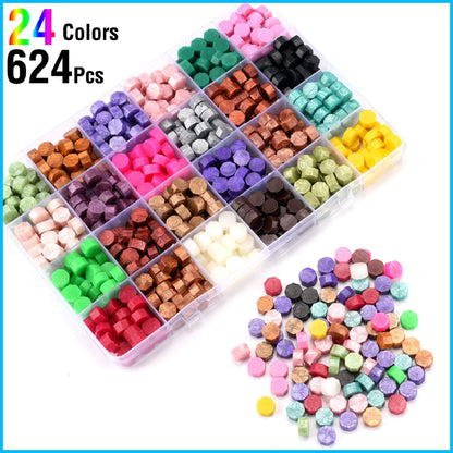 CHUHUAYUAN Wax Seal Stamp Kit - 24 Colors, 624 Pcs Stamp Beads, Sealing Wax Warmer, Metallic Pen & Envelope, Gift & Decoration Set