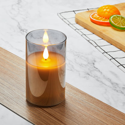 Guluto Glass Battery Operated LED Flameless Candles, Set of 2, D 3" x H 5", Real Wax Pillar Flickering Candles with Remote and Timer, Electronic Candle with 3D Wick for Festival Home Party Decor Grey