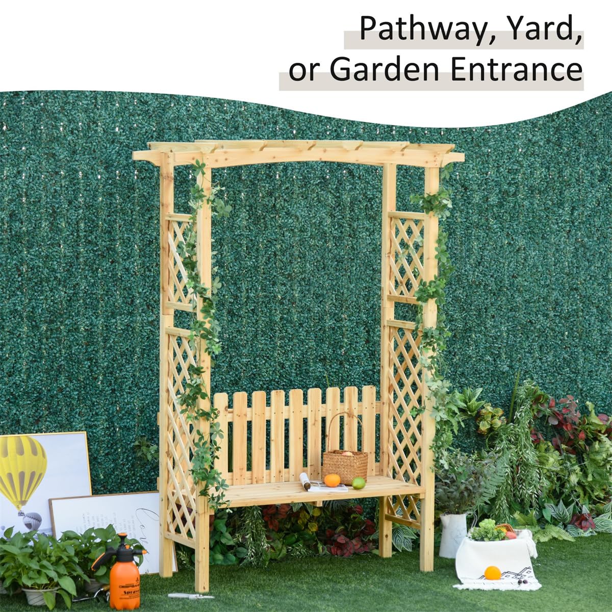 NAAMOTOMOX Garden Bench Wooden Arbor for Side Trellis Climbing Plants with Arch to Grow Flowers, Grapes & Vines, Patio Decor & 2-Person Outdoor Wood Decorative Seating, Natural