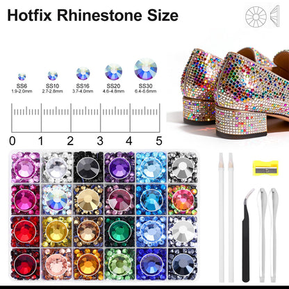 24 Colors Hotfix Rhinestones Kit, SS20 Glass Flatback Crystals for Clothes, Hats, Shoes & Crafts with 4 Tools, Tweezers, Wax, Pencil, Spoon hot fix kit(Color B)