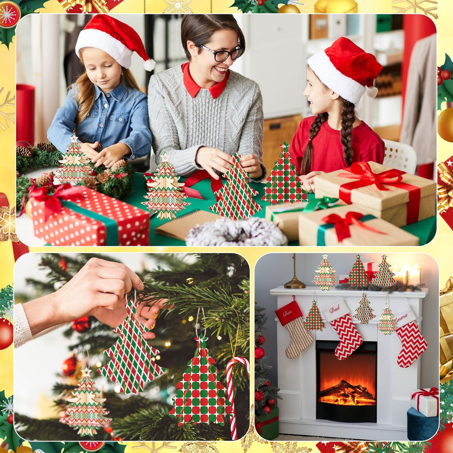 Chunful 36 Pcs Christmas Tree Wooden Crafts DIY 3D Christmas Tree Sign Xmas Unfinished Wood Cutouts Crafts Ornaments Blank Wooden Slices Hanging Decoration for Xmas Holiday Tabletop Gift