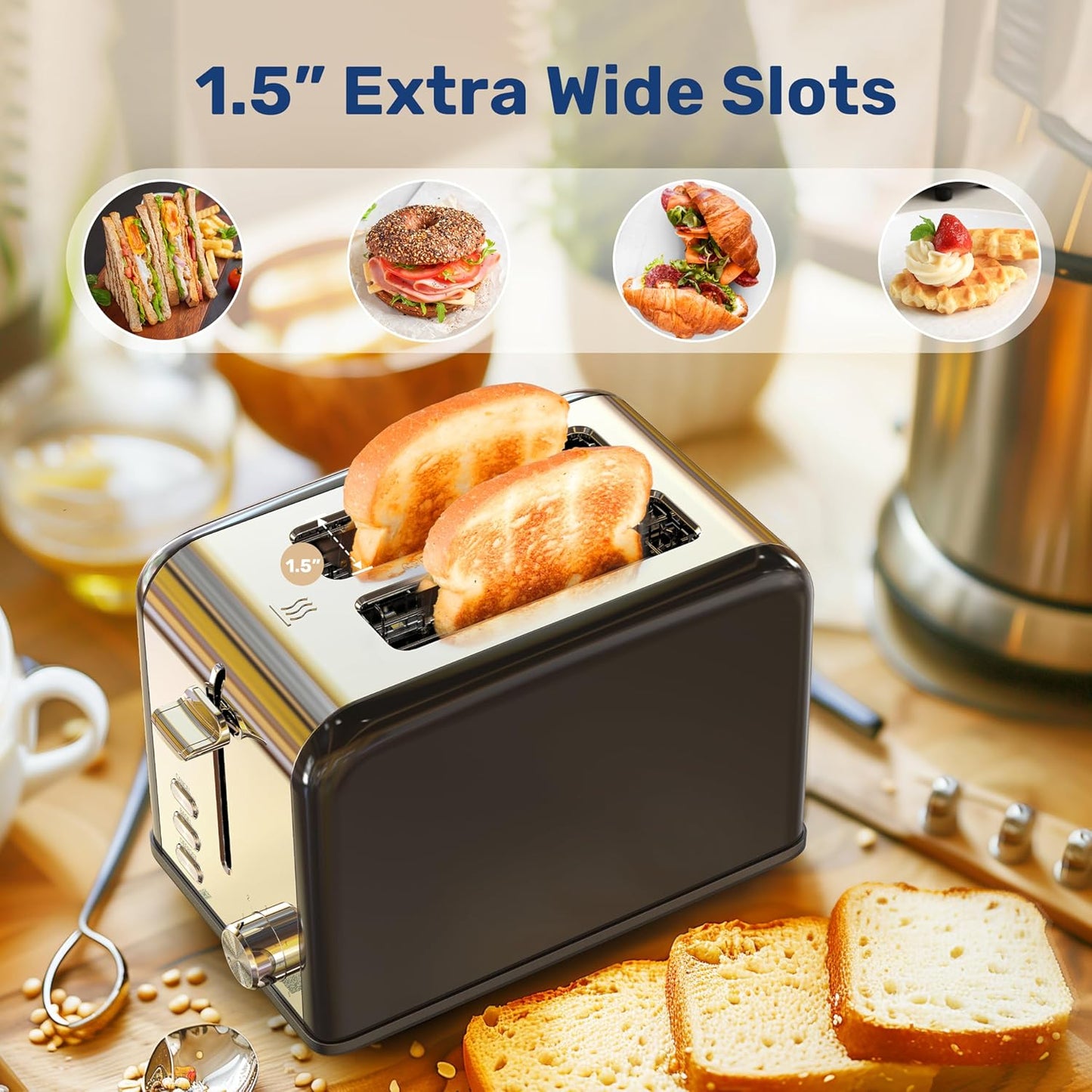 YSSOA 2-Slice Toaster, Retro Stainless-Steel Style with 6 Browning Settings, Extra Wide Slot & Removable Crumb Tray