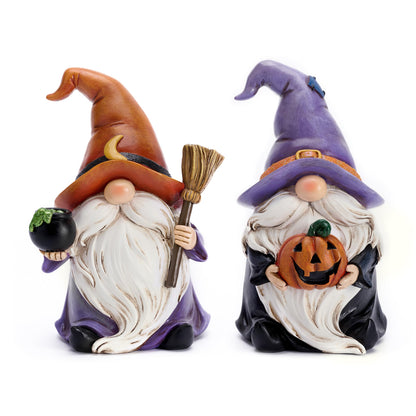 Valery Madelyn Gnomes Halloween Decorations Indoor, 2 Pcs Resin Gnome Decor for Home with Witch Hat Broom Jack O Lantern Moon, Halloween Figurines Elf Dwarf for Table Tiered Tray Outdoor, 3.6"