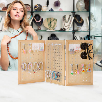 humberboat Wooden Foldable and Portable 3-Panel Pegboard Jewelry Display Organizer with 24 Removable White Metal Hooks for Bracelets, Earrings and Keychains, Versatile Countertop Rack for Store