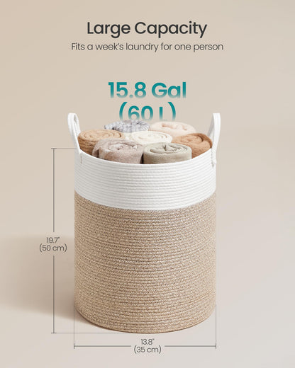 SONGMICS Laundry Hamper, Cotton Rope Laundry Basket with Handles, for Children, Toys, Clothing, Living Room, Bedroom, 15.8 Gallons, 13.8 x 13.8 x 19.7 Inches, White and Grayish Brown URLH061LZ01