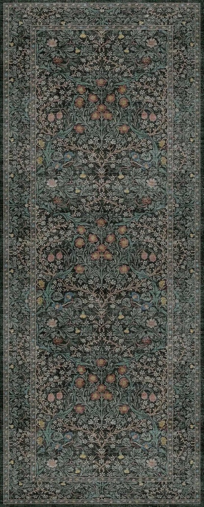 Regine Switzerland Dark Green 2x5 Non-Slip Runner Rug - Washable Floral Boho Design for Entryway