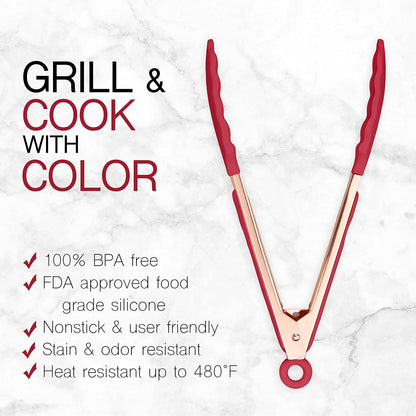 COOK WITH COLOR Stainless Steel Silicone Tipped Kitchen & BBQ Tongs Set, 2 Pc Tongs in Red