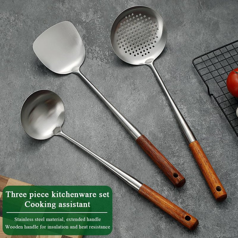 Evanda Wok Spatula Set 17", Heat Resistant Wood Handle Stainless Steel Wok Tools, Ladle, Metal Spatula, Kitchen Skimmer, Professional Kitchen Cooking Utensils Set, Wok Accessories Dishwasher Safe