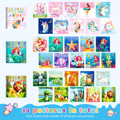 homicozy 3PCS Sticker Paint Books for Kids Ages 4-10,Unicorn Mermaid Animals Designs Paint By Stickers,Sticker By Numbers,Party Birthday Gifts for Girls 4-10,Create 30 Pictures One Stickers at A Time