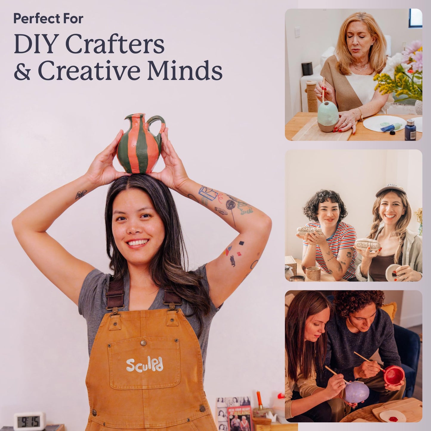 Sculpd - The Original Pottery Kit for Adults - Air Dry Clay for Adults, Tools, Varnish, Paints, Brushes, Couples Date Night Arts & Crafts Set, Gloss Varnish with Pastel Tones