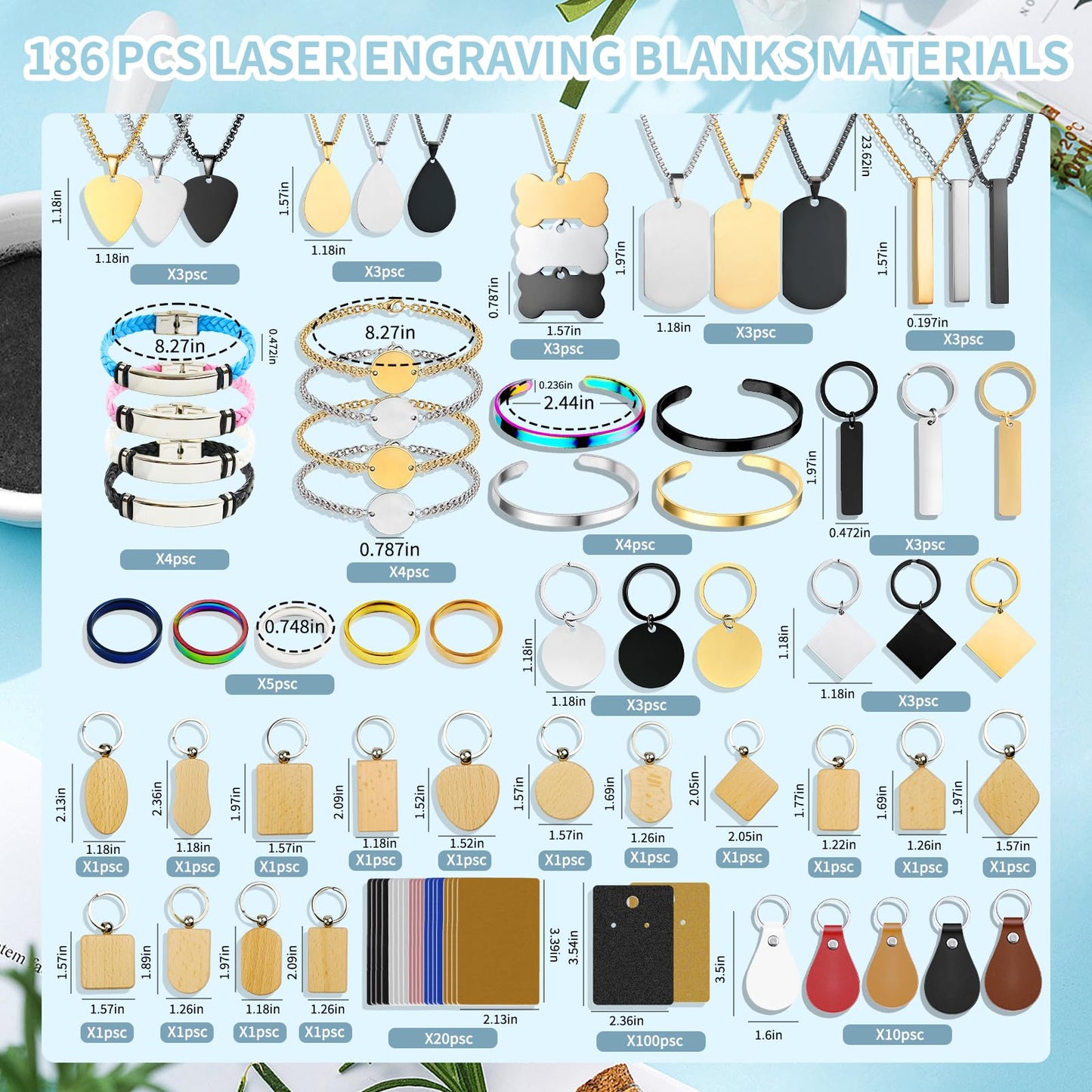 MUXERAN 168 Pcs Laser Engraving Materials bulk Include 66 Pcs Laser Engraving Supplies Include Necklace Bracelet Ring Keychain For Laser Engraver DIY Crafting Supplies