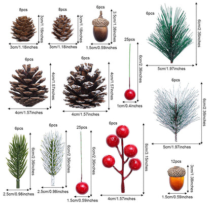 cnomg 120pcs Artificial Pine Cones Pine Branch Set Fake Natural Pinecones Acorns Red Berries Christmas Decor Ornaments for Home Winter Decorations