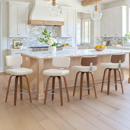 Cozyman Swivel Counter Height Bar Stools Set of 4, 26" Upholstered Seat Barstools with Back Walnut Wood Legs, Mid-Century PU Leather Bar Stools with Footrest for Island/Kitchen/Counter/Bar, White