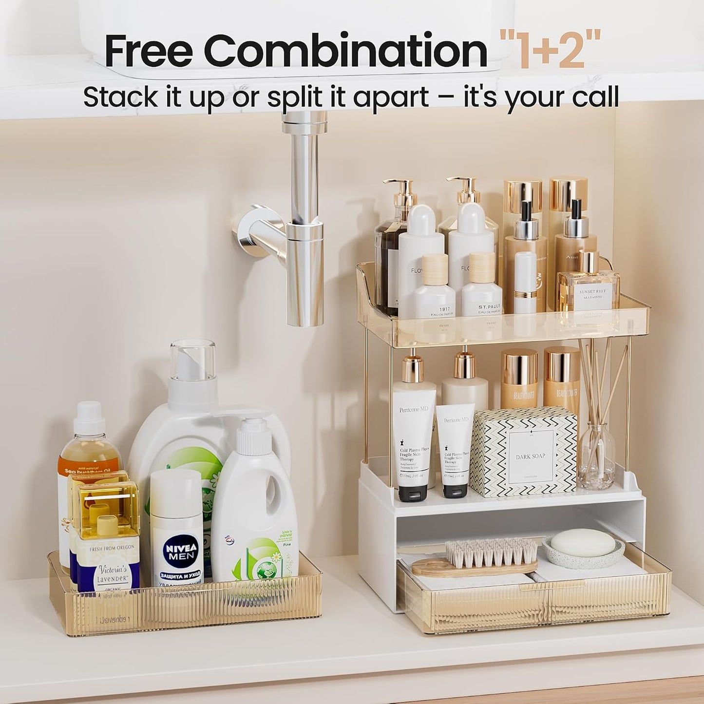 Delamu 2-Tier 2-Drawer Bathroom Counter Organizer, Multi-Purpose Makeup Organizer, Large Skincare Organizer, Amber