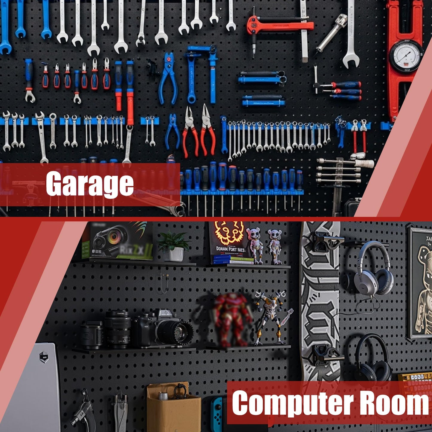 7S garage Peg Board 8 Pack Metal Pegboard Panels with 50 Hooks, Heavy Duty Pegboard Wall Organizer, Black Pegboards for Workbench, Garage Tool Storage, Office Organization, Kitchen, Craft Room