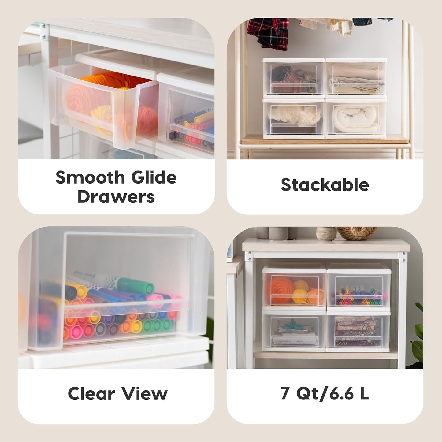 IRIS USA 7 Qt. Plastic Drawer Storage Organizer, 4-Pack Stackable Unit with Sliding Drawer for Bedroom, Kitchen, White